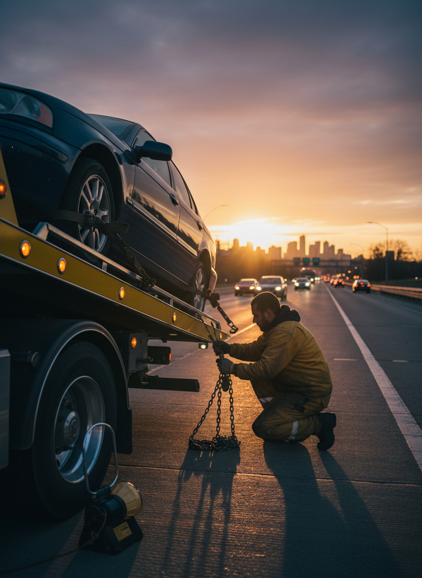 Tow operator securing a vehicle to a flatbed truck
